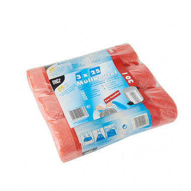 75 Müllbeutel zum Zuziehen, HDPE 30 l 70 cm x 55 cm rot