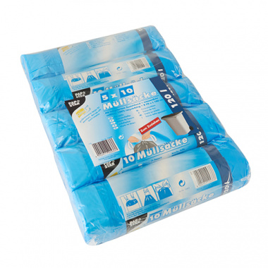 50 Müllsäcke zum Zuziehen, HDPE 120 l 100 cm x 70 cm blau