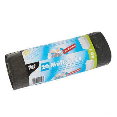 20 Müllsäcke zum Zuziehen, LDPE 60 l 75 cm x 65 cm grau