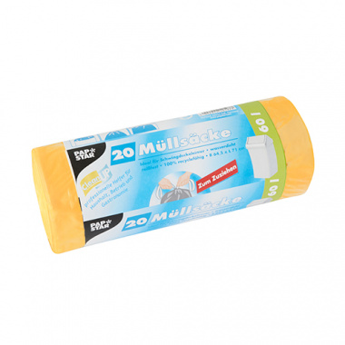 20 Müllsäcke zum Zuziehen, HDPE 60 l 71 cm x 64,5 cm gelb