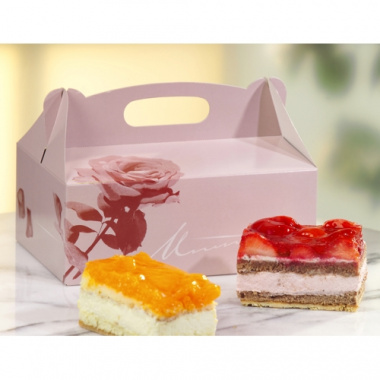 20 Gebäck-Kartons, Pappe eckig 20 cm x 13 cm x 9 cm rosé mit Tragegriff