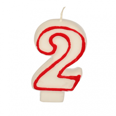 Zahlenkerze 7,3 cm weiss -2- mit rotem Rand