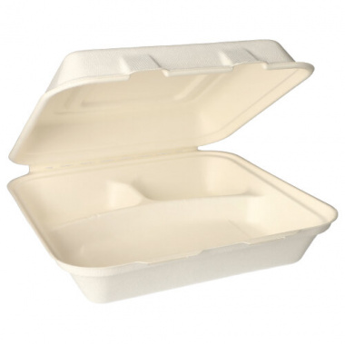 25 Menüboxen, Zuckerrohr -pure- 3-geteilt 8,5 cm x 24,5 cm x 24,5 cm weiss