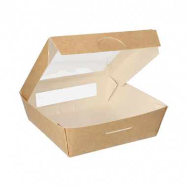 25 Feinkostboxen, Pappe mit Sichtfenster aus PLA eckig 1000 ml 16 cm x 16 cm x 5 cm braun