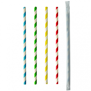 100 Trinkhalme, Papier  6 mm  20 cm farbig sortiert Stripes einzeln gehllt