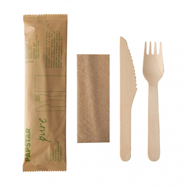 50 Besteckset, Holz pure : Messer, Gabel, Serviette in Papierbeutel