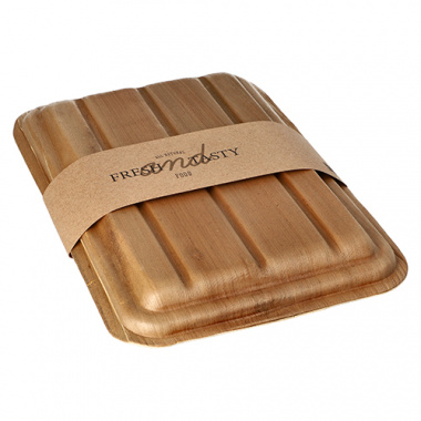 10 Trays, Palmblatt pure eckig 500 ml 6,5 cm x 17,5 cm x 25,5 cm mit Deckel und Banderole