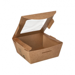 40 Feinkostboxen, Pappe mit Sichtfenster aus PLA pure eckig 350 ml 4,5 cm x 9 cm x 9 cm braun 100% Fair