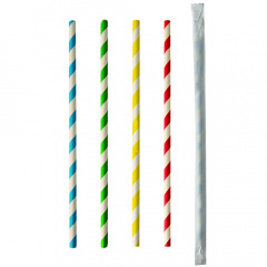 100 Trinkhalme, Papier  6 mm  20 cm farbig sortiert Stripes einzeln gehllt
